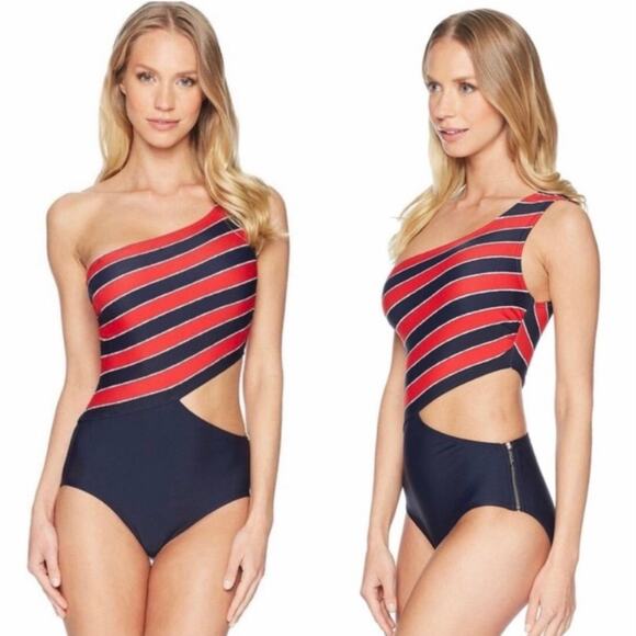 Michael Kors Rope Rugby Stripe One Shoulder Cut Out One-Piece Swimsuit - Picture 1 of 13